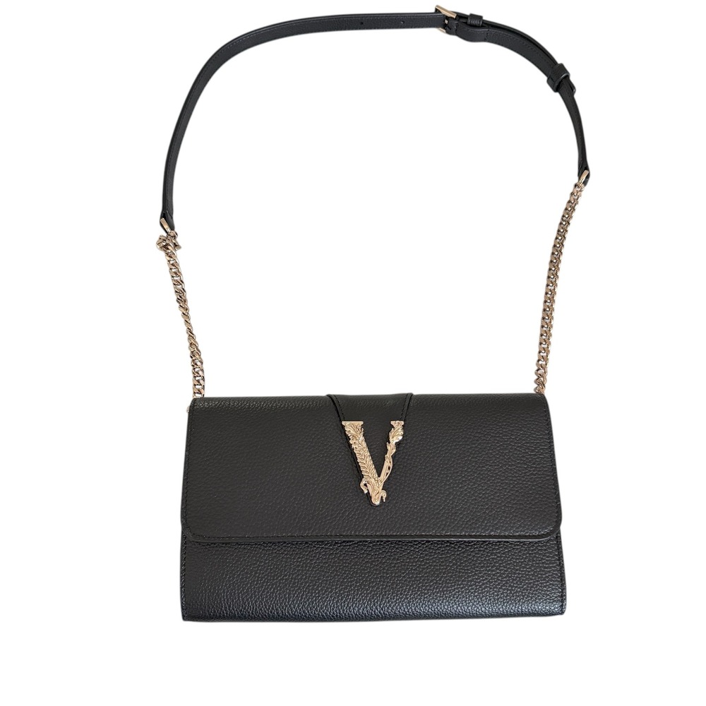 Versace Virtus Wallet on Chain Black Vitello Leather Bag‎ 1006264 Nero-Oro